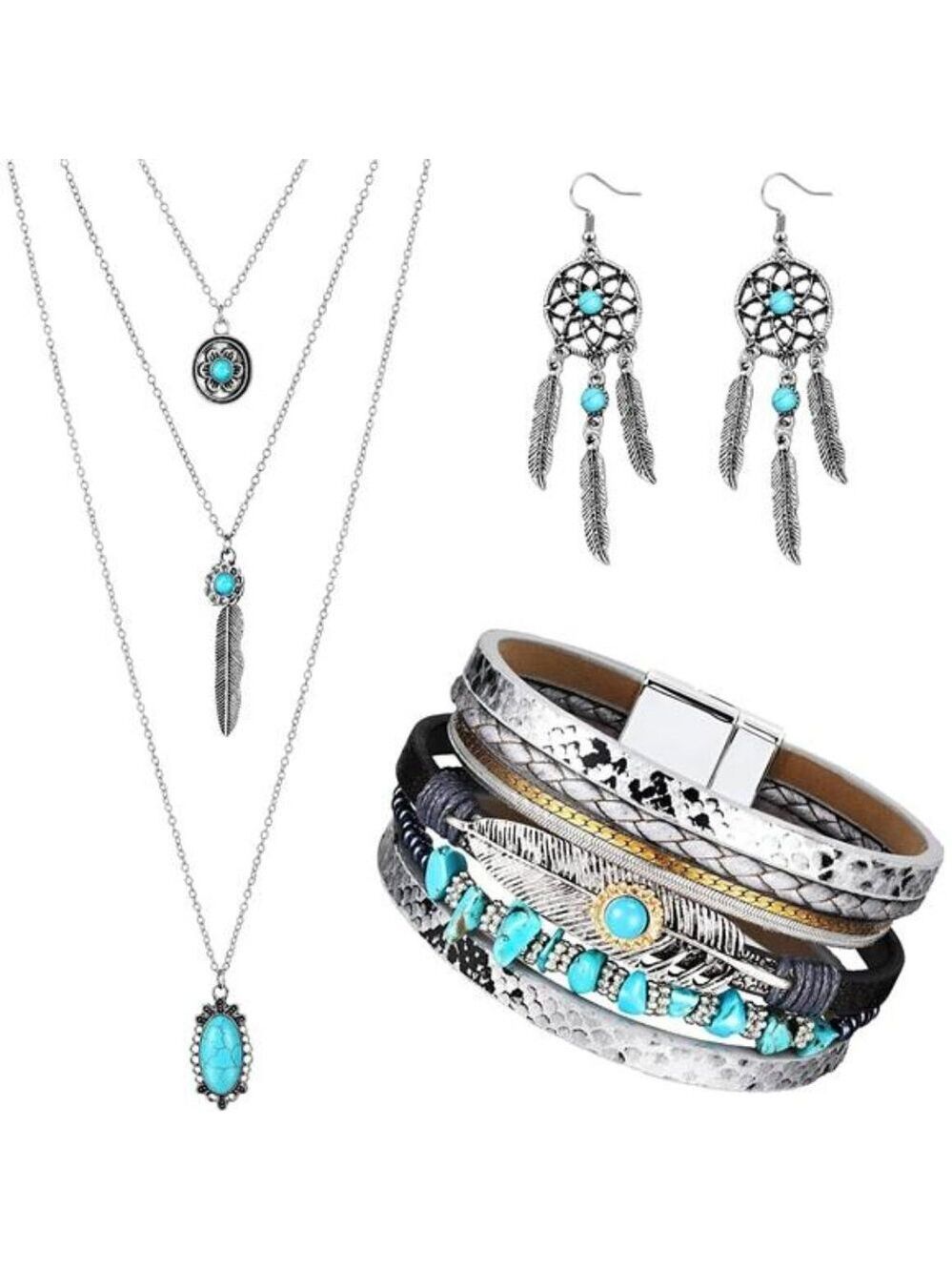 Boho Turquoise Jewelry Set Necklace Earrings Bracelet Gift for Women Christmas